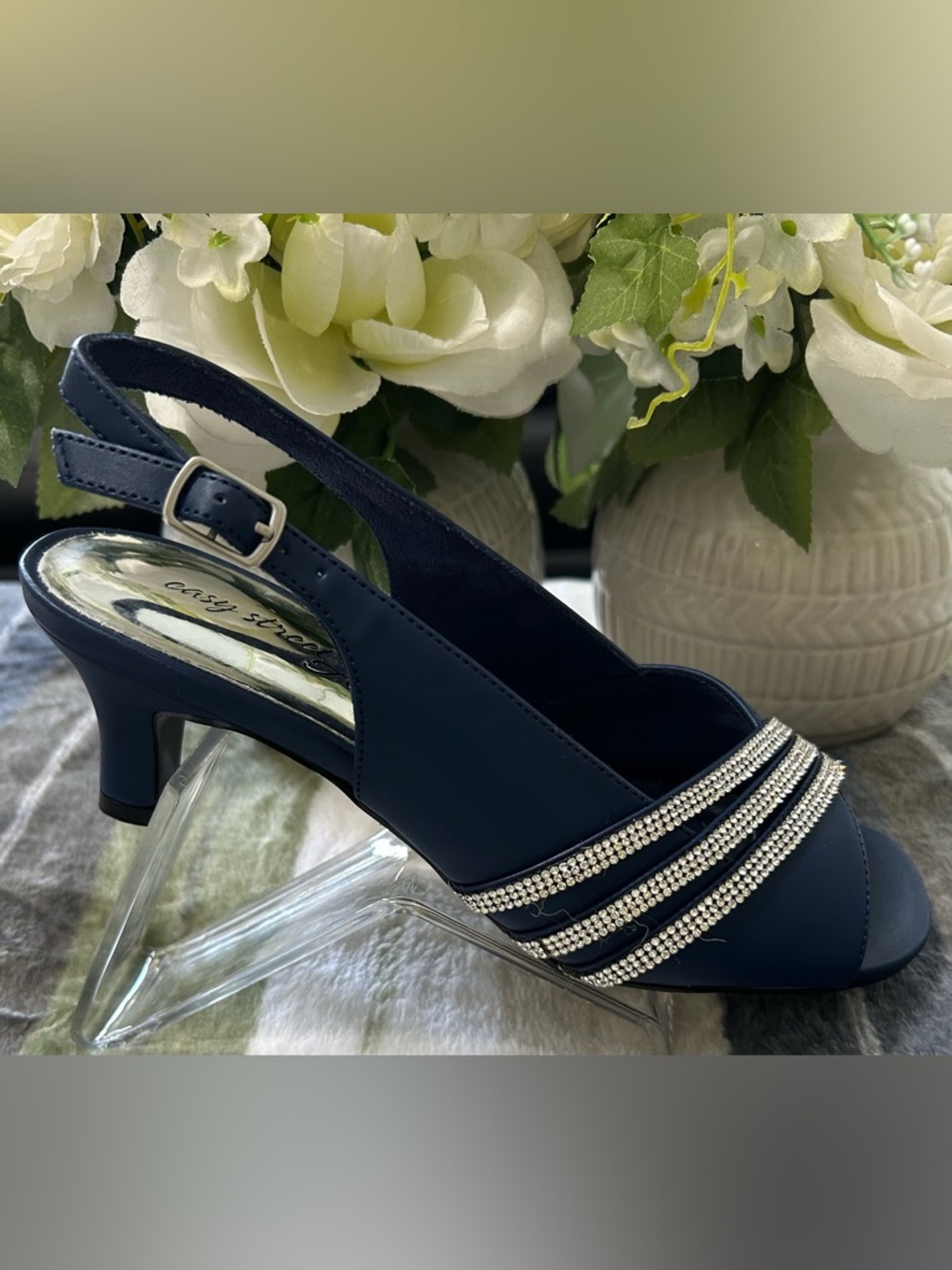 NWOT easy street Navy Open-Toe Slingback Heels with Rhinestone Straps Size 7WW - Picture 4 of 6
